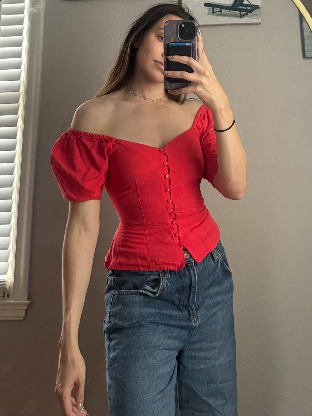 Red Off-Shoulder Puff Sleeve Button-Up Top